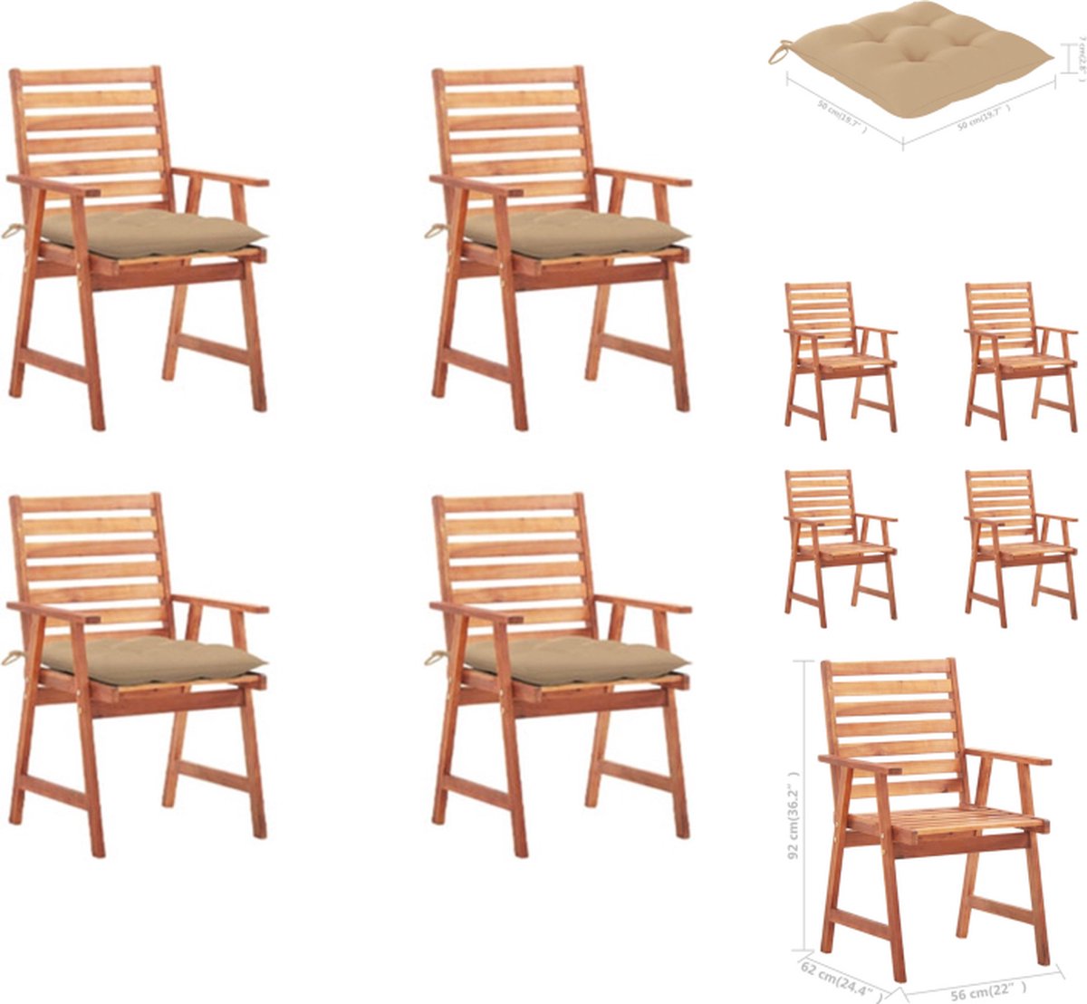 VidaXL Eetkamerstoelenset Massief acaciahout 56 x 62 x 92 cm Inclusief kussens Tuinstoel
