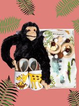 Baby giftbox-Baby Jungle giftbox-Kraamcadeau-Baby's eerste schoentjes-Muslin met dierenprint-Baby's leukste giftbox -zacht knuffel aapje