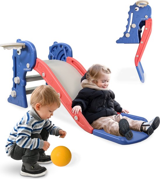 Foto: Mobiclinic glijbaan voor kinderen binnen en buiten inklapbaar inclusief mand en bal dino afgeronde randen antislip treden max 35kg