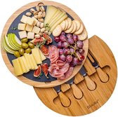 Bamboo Cheese Board with Cheese Knife Set and Slate Plate - Wooden Serving Plate for Cheese and Appetizers - 30 cm Wooden Cheese Plate Rotating - Round Wooden Serving Board - Cheese Board Charcuterie