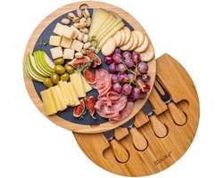 Bamboo Cheese Board with Cheese Knife Set and Slate Plate - Wooden Serving Plate for Cheese and Appetizers - 30 cm Wooden Cheese Plate Rotating - Round Wooden Serving Board - Cheese Board Charcuterie