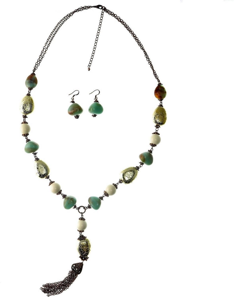 Behave - Set ketting oorbellen - groen blauw tinten - vintage look - 70 cm