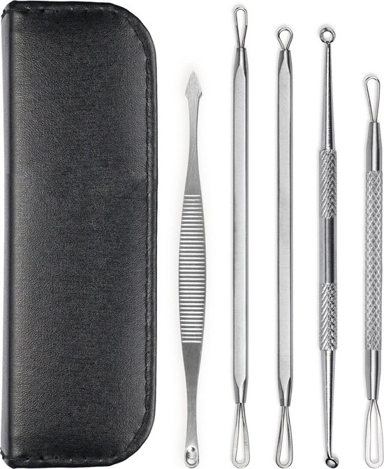 Mee eters verwijderen - Blackhead remover - Acne verwijderen set - Skincare - Gezichtsverzorging - Beauty - 5x dubbelzijdige rvs Comedonenlepel - In Luxe Etui