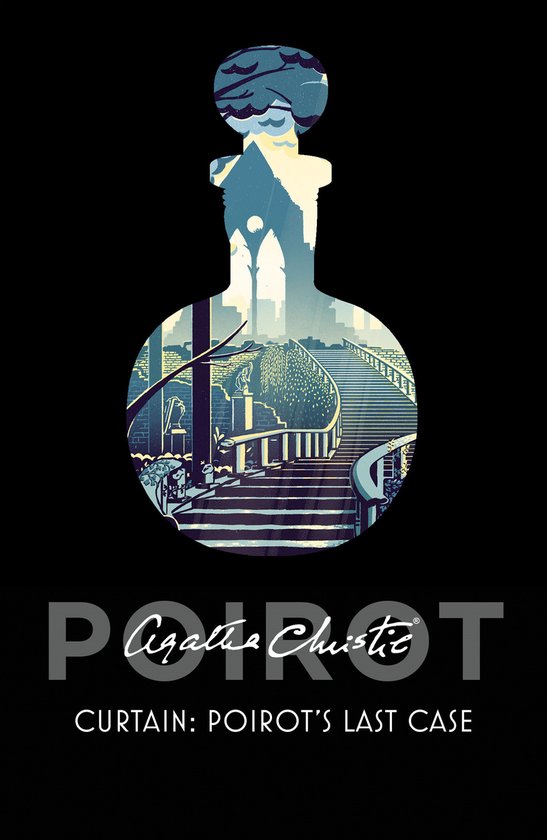 Boekomslag 'Curtain: Poirot's Last Case' van Agatha Christie, met een illustratie van een trap die leidt naar een kasteel, gevat in de vorm van een fles.