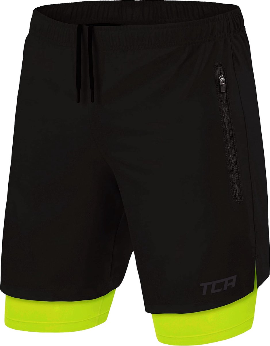 TCA Mannen Ultra 2 in 1 Hardloop Gym Shorts met Ritszakje - Zwart/Groen (2x Ritszakken), S