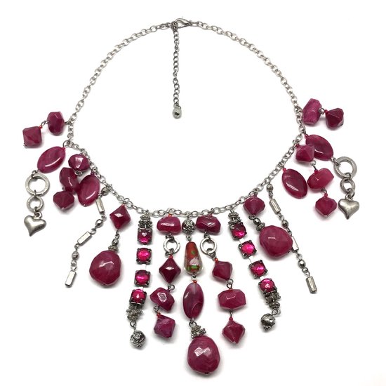 Behave Ketting - zilver kleur - roze - fuchsia - ketting met hangers - kralen - steentjes - 40cm