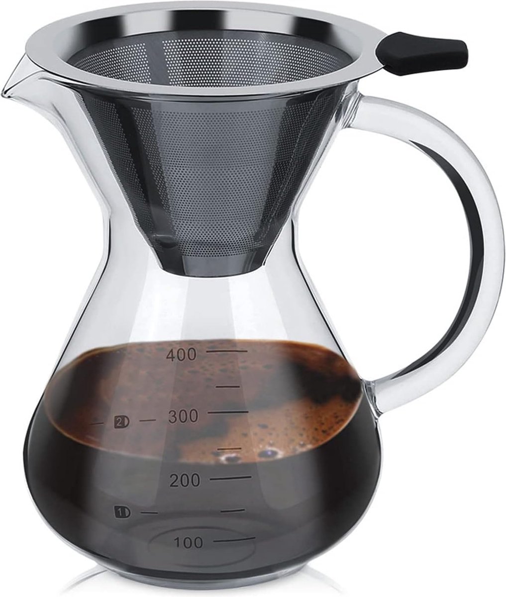 400ml Pour Over Coffee Maker Zuiger Koffiepotten Handmatige Koffiezetapparaat Glazen Koffiezetapparaat met Roestvrijstalen Filter en Schaal