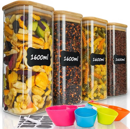 Stackable Sprinkle Jar Glass Storage Jars with Lid, 4 Pieces Storage Jar with Lid, Square ...
