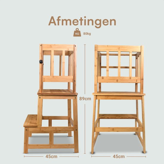 BUDDLEY Montessori 2-in-1 Leertoren - Keukenhulp, Kindertrap, Keukentoren, Opstapkruk Hout voor Kinderen