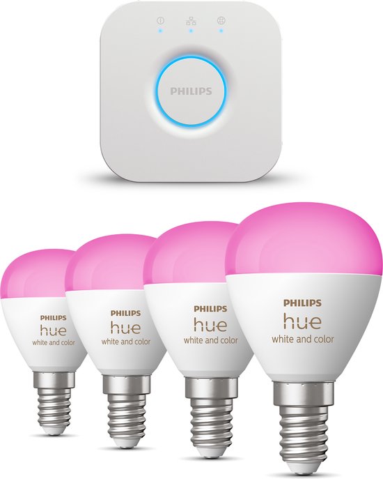 Philips Hue Starterspakket White and Color Ambiance Kogellamp E14 - 4 Hue Lampen en Bridge - Eenvoudige Installatie - Werkt met Alexa en Google Home