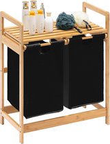 Wasmand van bamboeframe met planken, wasverzamelaar met 2 uittrekbare waszakken voor slaapkamer, badkamer of wasruimte, 73 x 64 x 33 cm, zwart