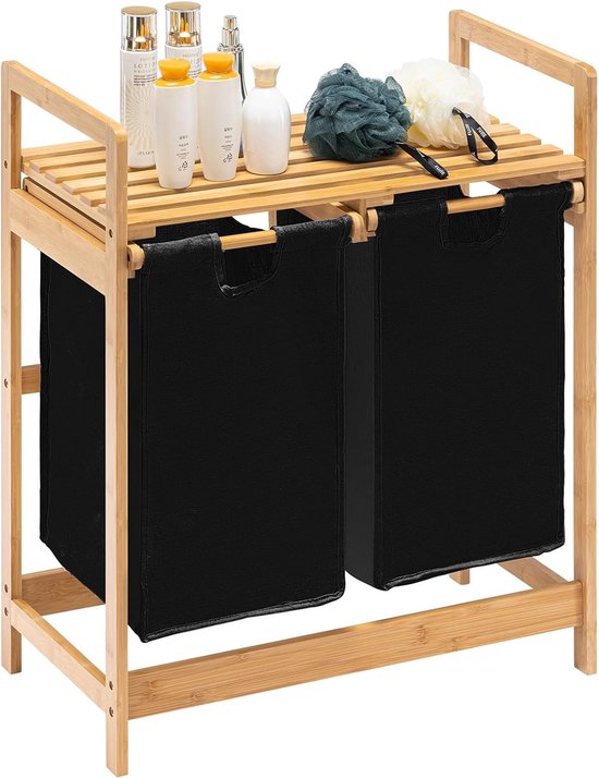HOMCOM wasverzamelaar, 2 waszakken 40L, planken, bamboe frame, 64 x 33