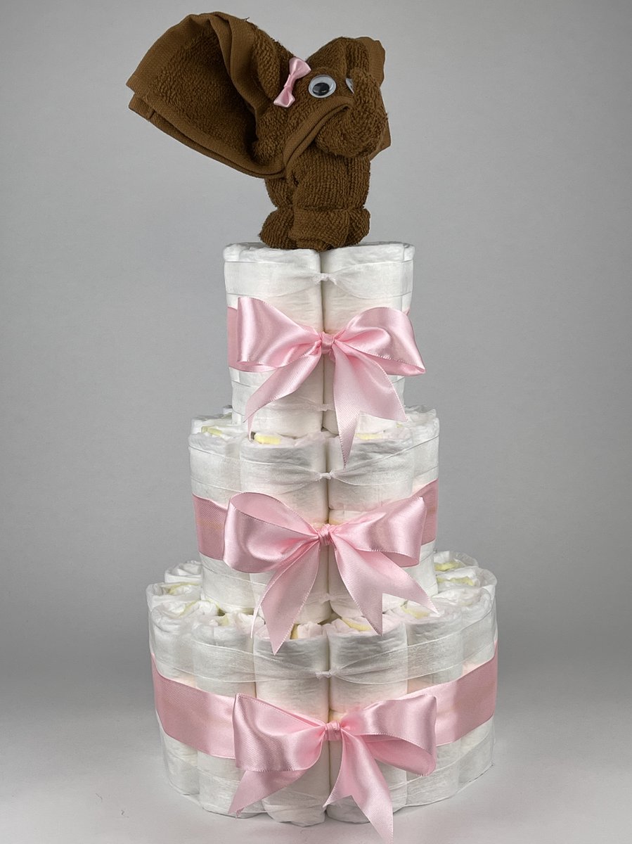 Chouette-Chouette | Luiertaart Meisje | Kraamcadeau | Geboorte Meisje | Babyshower | Olifant clay Bruin - Roze