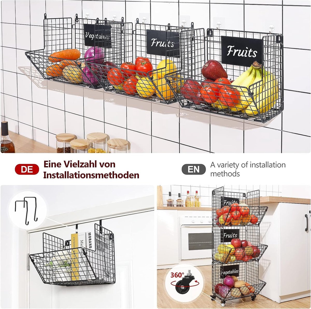 Hangende Fruitmand XXL - Etagère met 3 Manden van Waterhyacint - Fruitrek voor het