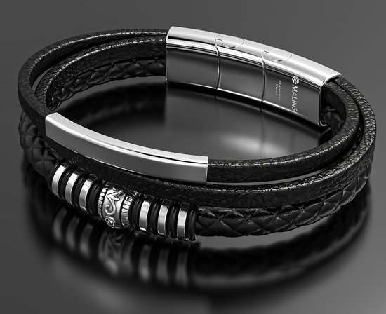 Zwarte leren armband met RVS accenten en Malinsi sluiting.