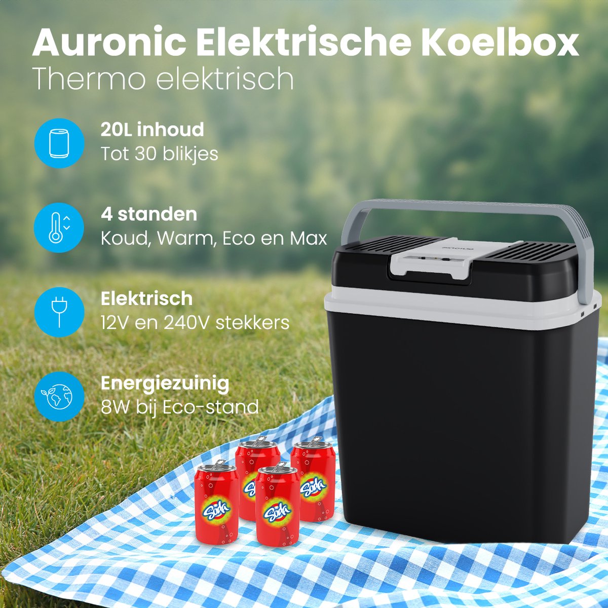 Auronic Koelbox Elektrisch 12V en 230 volt - 20L - Camping Koelkast - Auto - Koelen en Verwarmen - Frigobox - Zwart — afbeelding 2