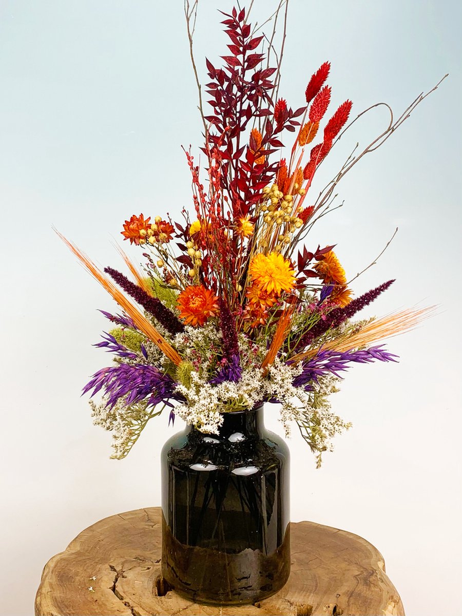 Droogbloemen boeket "Warm Sunset" (Small) | Inclusief vaas | 40cm | Kleurrijk en Luxe | Een boeket dat jouw interieur een boost geeft