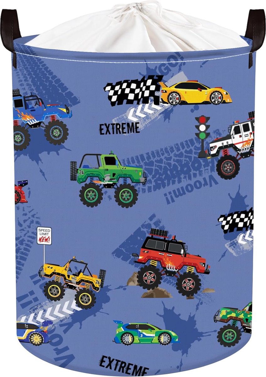 Goedkoopste 45 l wasmand blauwe baby met racewagen opvouwbare wasverzamelaar rond met handvat voor babykamer kinderen opbergmand kinderkamer van speelgoed, 36 x 45 cm