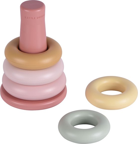 Stapelringenset met losse ringen. Roze met pastelkleuren. Op witte achtergrond.