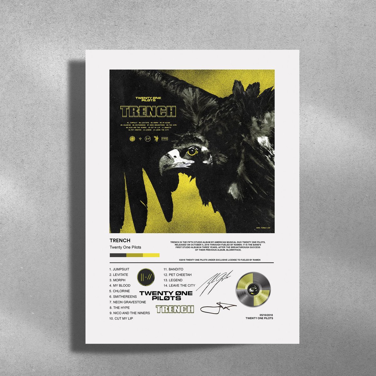 Luxe poster Twenty One Pilots - Trench - Metalen Poster 30x40cm - album cover geel