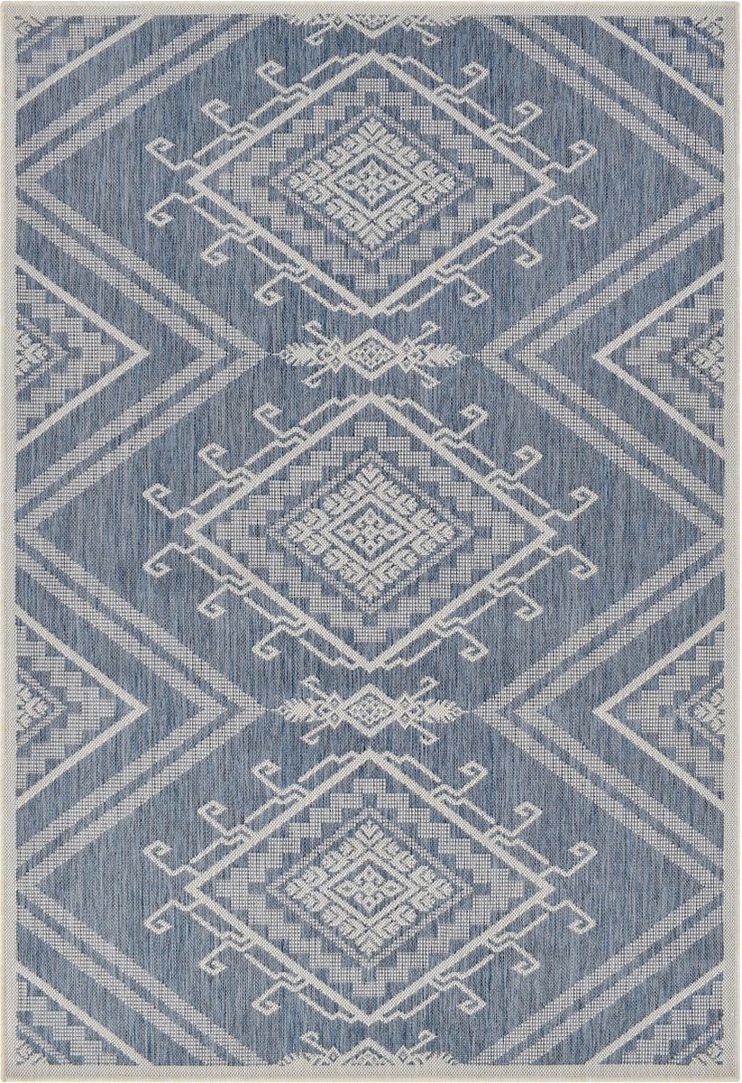 Vercai Rugs Terrace Collectie - Laagpolig Vloerkleed - Tapijt voor Binnen en Buiten - Polypropyleen - Blauw / Ivoor - 160x220 cm
