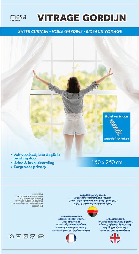Vitrage gordijn 150 x 250 cm, kant en klaar met 10 haken