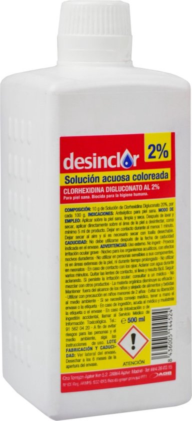500 ML CHLOORHEXIDINE DESINCLOR ANTISEPTIC WATERIGE OPLOSSING 2% DESINCLOR CHLOORHEXIDINE 2% ANTISEPTISCHE WATERIGE OPLOSSING – 500 ML DE ULTIEME DESINFECTIE VOOR EEN GEZONDE HUID!