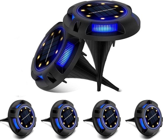 New Age Devi - "Set van 4 Solar Grondspot UFO's - Koud wit & blauw - Zonne-energie - Buiten- & Tuinverlichting - Sfeerverlichting - Met Dag & Nacht Sensor"