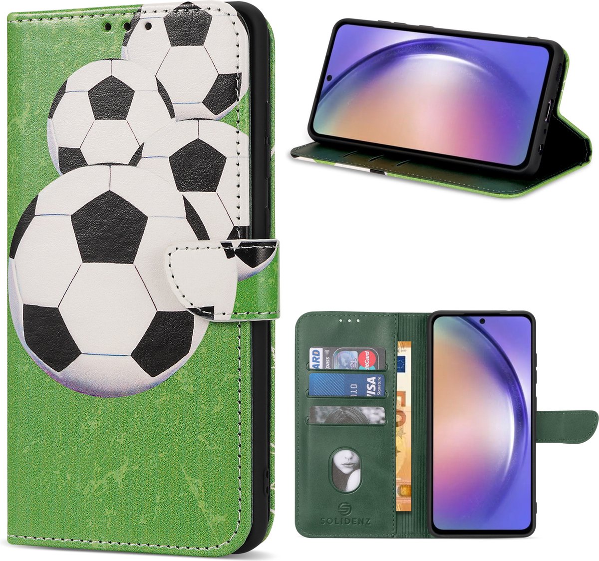 Geschikt Voor Samsung Galaxy A34 Hoesje - Solidenz Bookcase A34 - Telefoonhoesje A34 - A34 Case Met Pasjeshouder - Cover Hoes - Met Kickstand - Draadloos Opladen - Voetbal