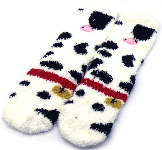 Fluffy sokken, warme wintersokken, 2 PAAR, huissokken, zacht, met koeien motief, cow, maat one size (35-40), cadeautip!