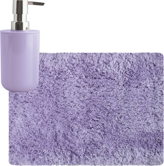 MSV badkamer droogloop tapijt/matje - Langharig - 50 x 70 cm - inclusief zeeppompje in dezelfde kleur - lila paars
