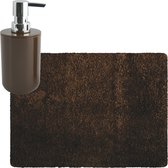 MSV badkamer droogloop tapijt/matje - Langharig - 50 x 70 cm - inclusief zeeppompje in dezelfde kleur - bruin