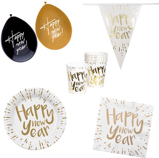 Feestpakket Happy New Year goud wit 86delig Nieuwjaar versiering