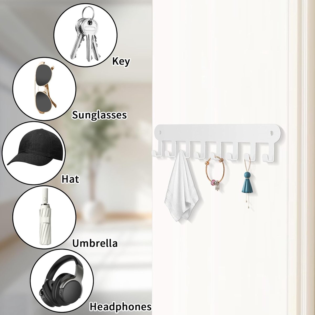 Vauki 2 stuks sleutelrek met 8 haken, sleutelrek zonder boren, zelfklevende sleutellijst, sleutelhanger, modern wanddecoratie - zwart