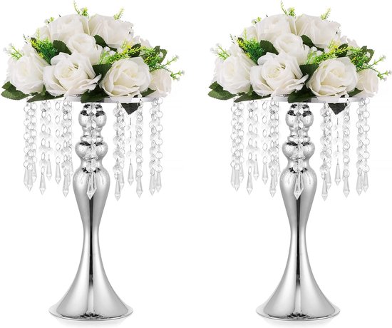 zilveren vazen voor bruiloft middenstukken - 2 stuks kristallen bloemarrangement standaard tafeldecoratie 35 cm hoog metalen bloemenvazenhouder voor bruiloftsreceptie verjaardag woondecoratie