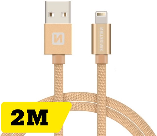 Swissten Lightning naar USB MFI Gecertificeerd kabel - 2M - Gevlochten kabel geschikt voor iPhone 7/8/X/11/12/13/14 - Goud