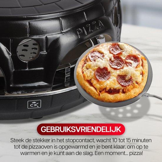 CuisineKing Pizza Oven Black Edition - 6 Personen - Handgemaakte Terracotta Koepel - RVS bakplaat 1100 Watt - Pizzaovens Pizza Gourmetstel - Incl. 6 Spatels en deegvorm — afbeelding 4