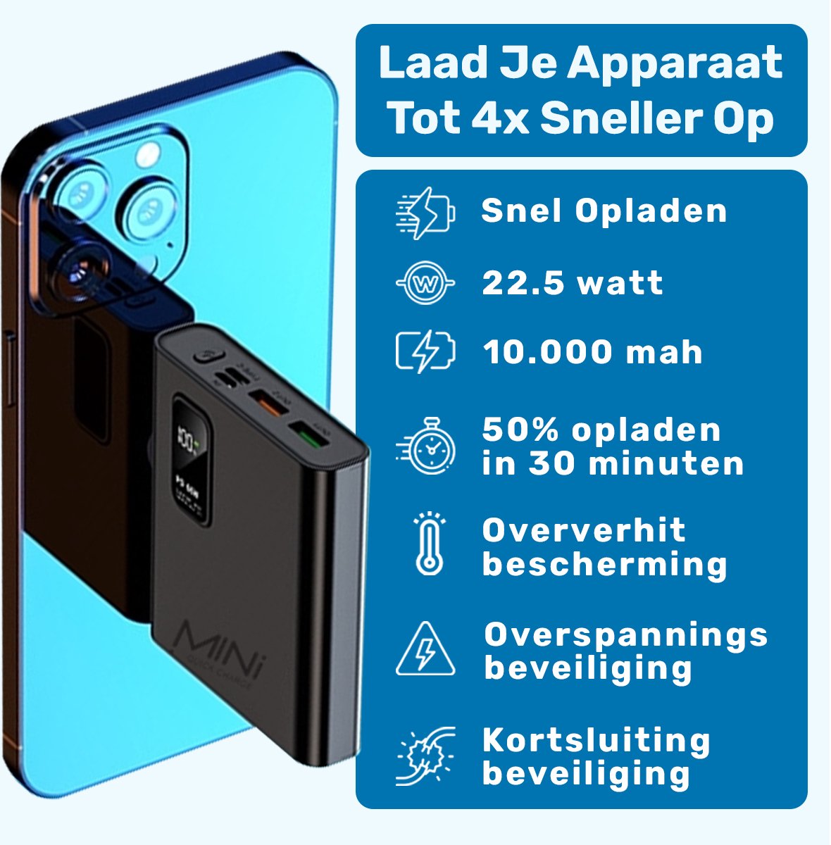 ISHIVA® Mini Powerbank 10000 mAh Snellader 22.5W - afbeelding 3