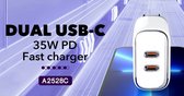 LDNIO A2528C - Snelladers - 35W - 2 USB-C poorten - GaN - veilig - sneloplader oplader - iphone samsung xiaomi oneplus oppo - met USB-C naar USB-C kabel