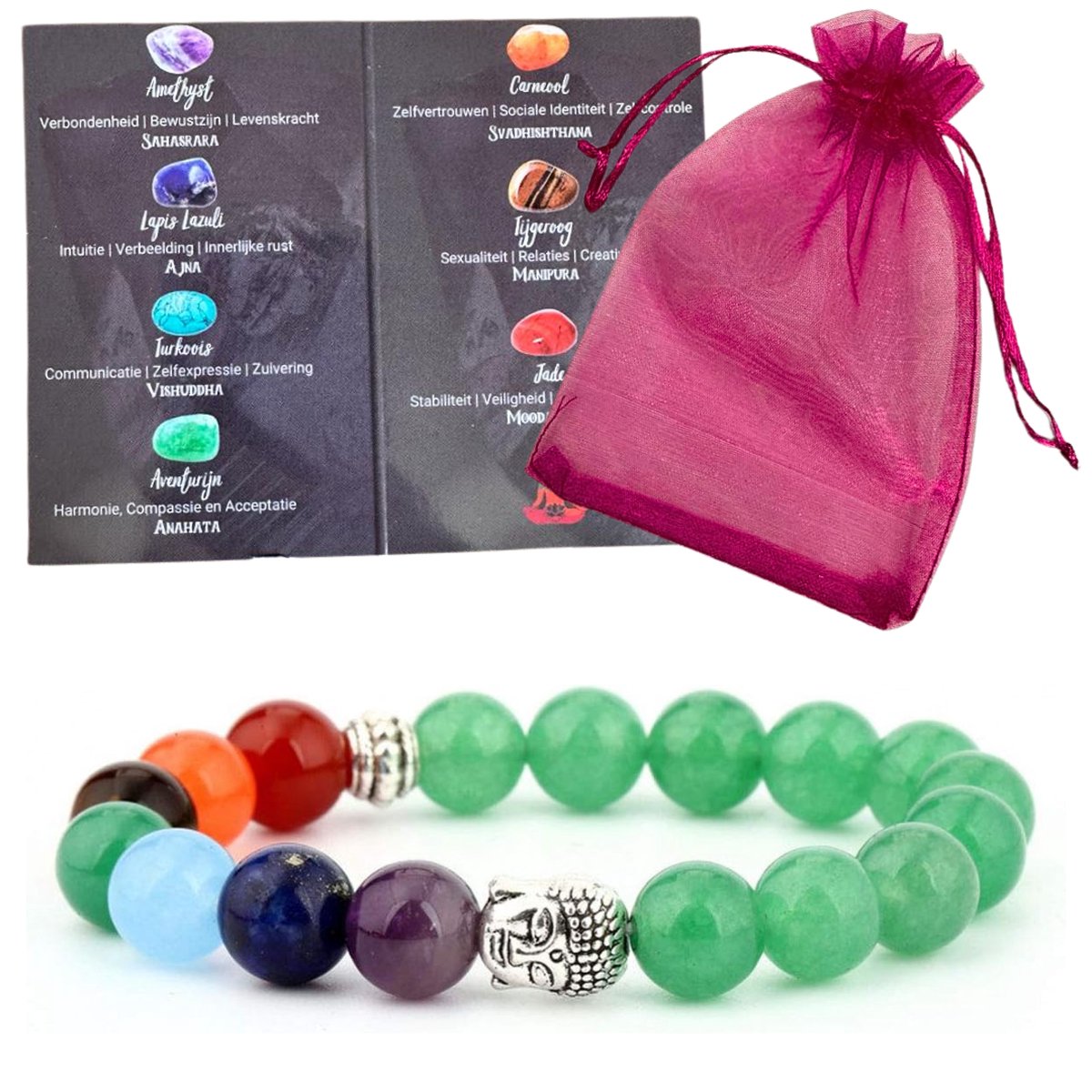 Aventurijn Stenen Kralen Armband, met Boeddha en Chakra Edelstenen - 19CM - Armbandje Stretch Dames