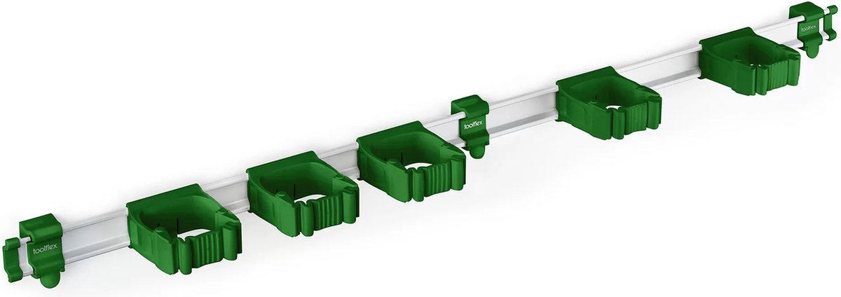 Toolflex Bezemhouder en Tuingereedschap Ophangsysteem - Geschikt voor Ø15-35 mm Gereedschappen - Aluminium rail - 94cm - Incl. 5 gereedschapshouders en montagemateriaal - Groen