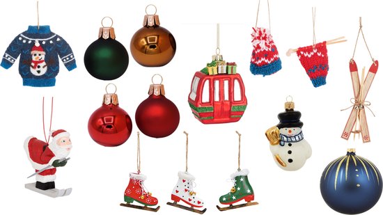 Kerstboomdecoratie Pakket - Wintersport Thema - 26-delig - met o.a. ski's, schaatsen, ijsmuts, sneeuwpop en skilift kersthangers