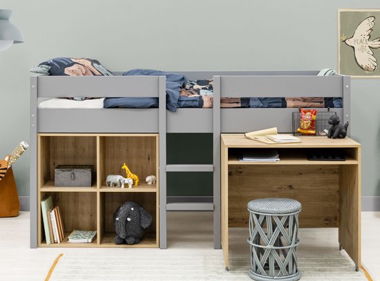 ToiToiKids Mick halfhoogslaper 90x200 met bureau en vakkenkast - Grijs