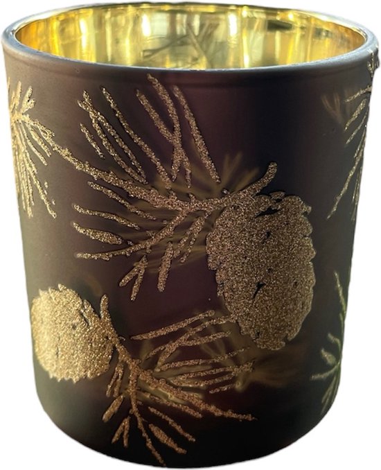 Lejoy waxinelichtje - kaarsenhouder - kerst kaars - dennenappel patroon - glitterkaars - cadeautip - kerstcadeau - theelichtje - kerstmis - home decoratie - sfeervol