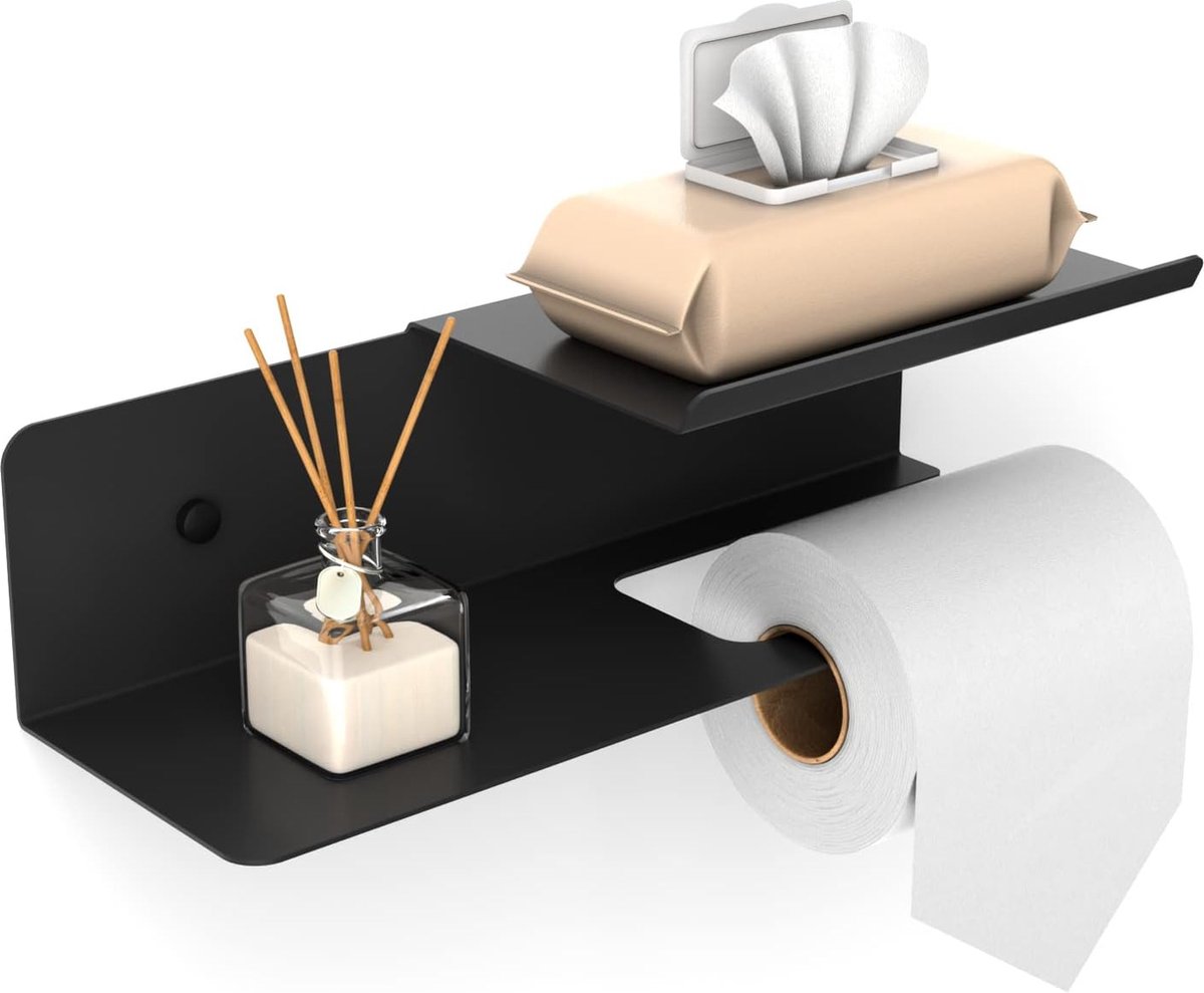 Toiletpapierhouder met dubbele plank, wc-papierhouder incl. opslag voor vochtige doekjes, 30 x 10 cm, wc-papierhouder, voor montage door boren en zelfklevend, voor badkamer en keuken, zwart