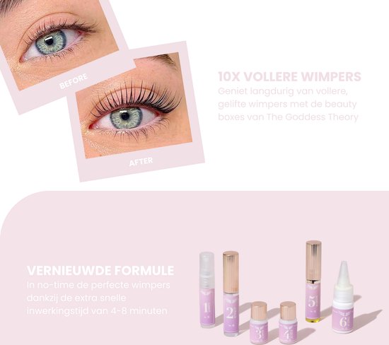 Voordat en na foto's van wimperlifting en de producten uit de Lash Box kit van The Goddess Theory.