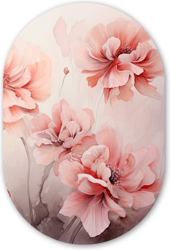 Mur ovale 60x90 cm - Mur ovale Fleurs - Rose - Art - Abstrait - Aquarelle - Décoration murale plastique - Tableau ovale - Décoration murale salon - Peintures - Forme miroir ovale sur plastique