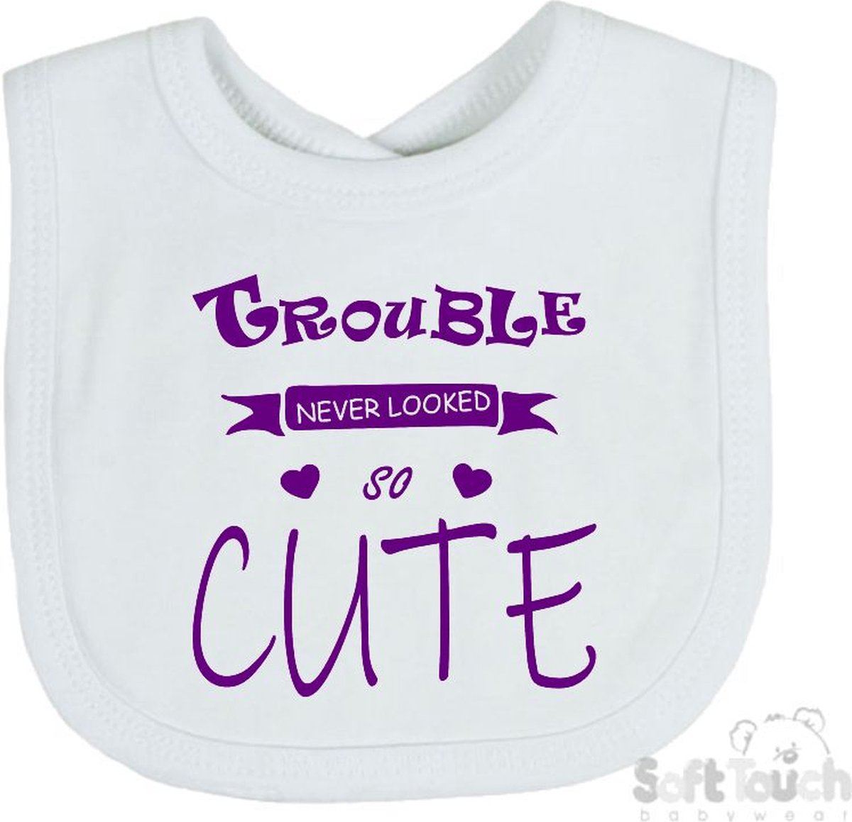 Goedkoopste Soft Touch Slabber Slabbetje Slab Trouble never looked so good Unisex Katoen Wit/paars Maat 33x22 Cm