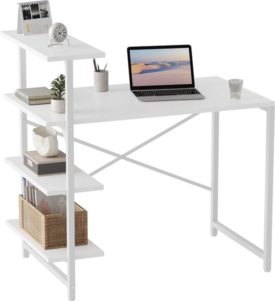 Kleine bureau met plank, 100 x 50 cm, 3-laags plank, computerbureau, PC gamingtafel, eenvoudig te installeren bureau, stevige stalen framebureaus, wit/wit.