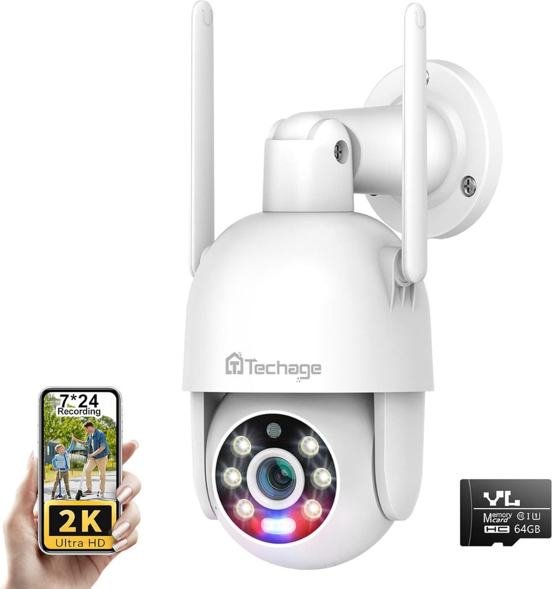 Beveiligingscamera - 360 ° View - 2K Draadloze Beveiligingscamera - Bewegingsdetectie, Geluidslichtalarm, Audio, Nightvision + SD-Kaart
